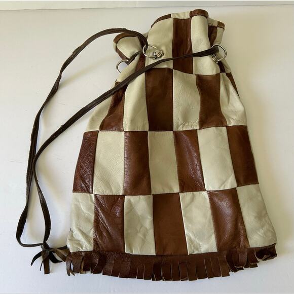 Vintage Patchwork Bag 1970s | Multicolor Leather Handbag  Vintage Leather Patchwork Purse 70’s Mod Boho Drawstring Lined Fringe Spain